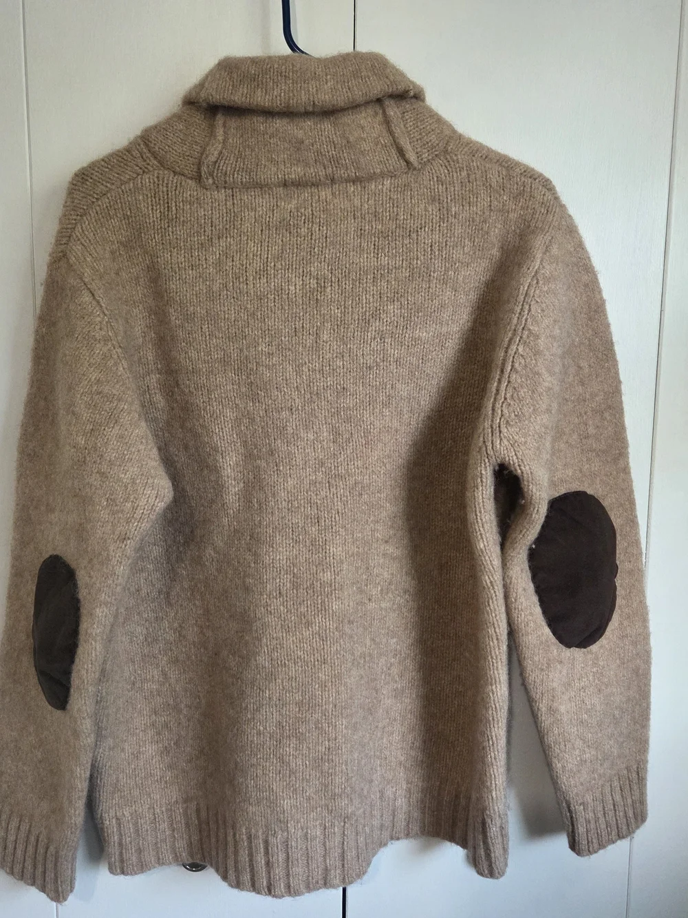 VTG L.L. Bean Shetland Wool Shawl Collar Sweater XL Oatmeal Elbow Patch